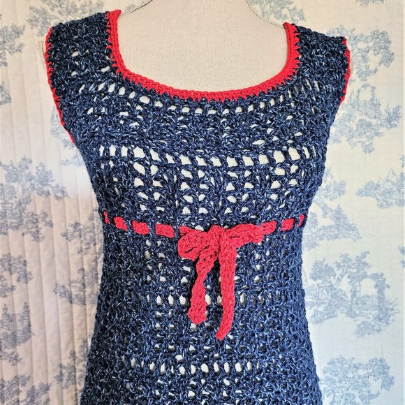 Size XS NEW Hand Crocheted Blue Mini Dress - Picture 3 of 9